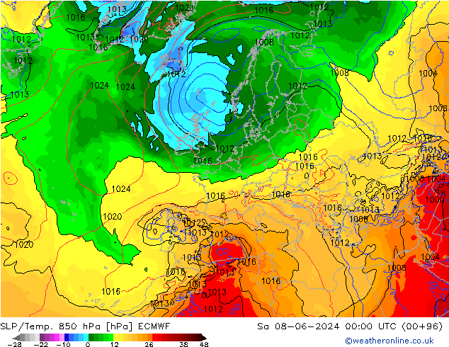 SLP/Temp. 850 hPa ECMWF Sa 08.06.2024 00 UTC