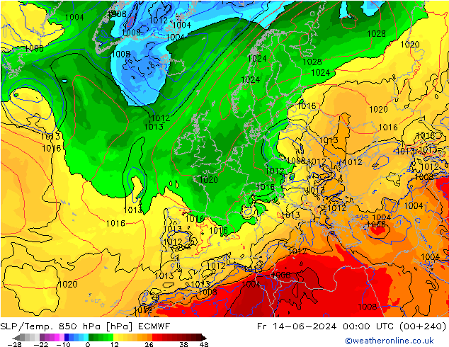 SLP/Temp. 850 hPa ECMWF Fr 14.06.2024 00 UTC