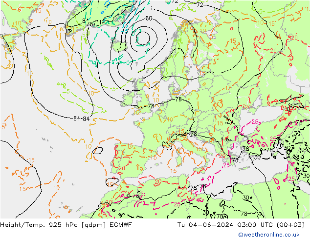 Géop./Temp. 925 hPa ECMWF mar 04.06.2024 03 UTC