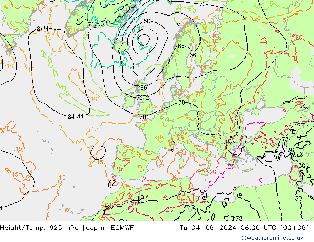 Height/Temp. 925 hPa ECMWF Di 04.06.2024 06 UTC