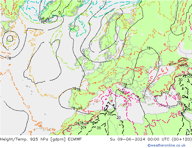Height/Temp. 925 hPa ECMWF Su 09.06.2024 00 UTC