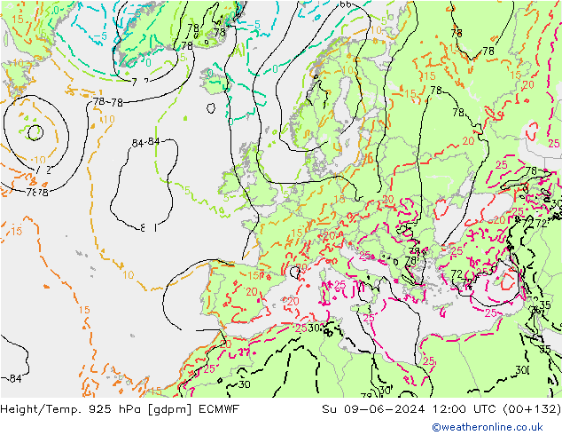 Height/Temp. 925 hPa ECMWF So 09.06.2024 12 UTC