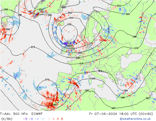 T-Adv. 500 hPa ECMWF Fr 07.06.2024 18 UTC