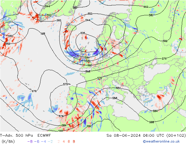 T-Adv. 500 hPa ECMWF so. 08.06.2024 06 UTC