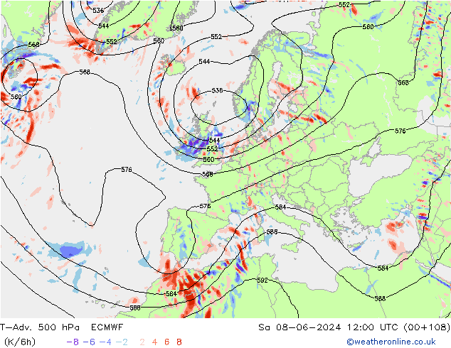 T-Adv. 500 hPa ECMWF za 08.06.2024 12 UTC