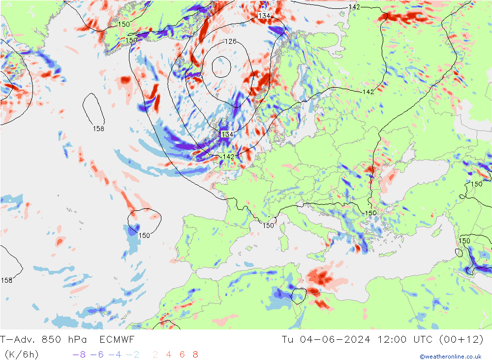 T-Adv. 850 hPa ECMWF Út 04.06.2024 12 UTC