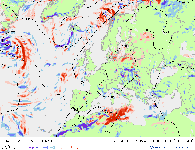 T-Adv. 850 hPa ECMWF Fr 14.06.2024 00 UTC