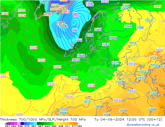 Thck 700-1000 hPa ECMWF Tu 04.06.2024 12 UTC