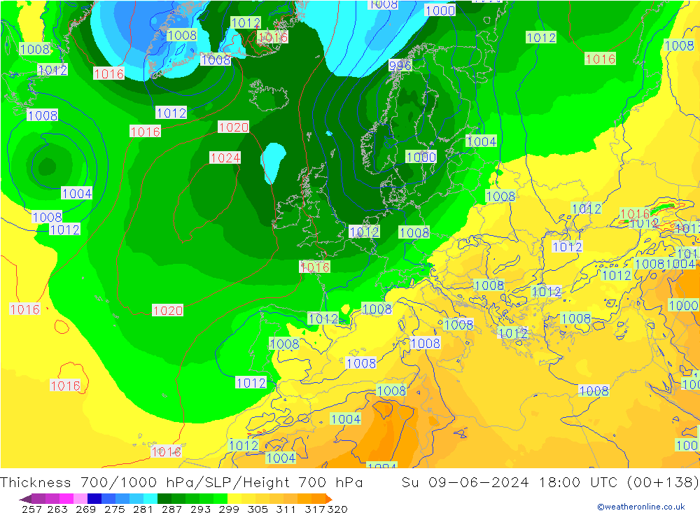 Espesor 700-1000 hPa ECMWF dom 09.06.2024 18 UTC