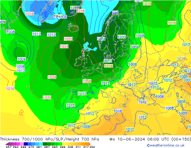 Dikte700-1000 hPa ECMWF ma 10.06.2024 06 UTC