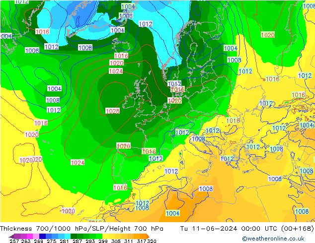 Schichtdicke 700-1000 hPa ECMWF Di 11.06.2024 00 UTC