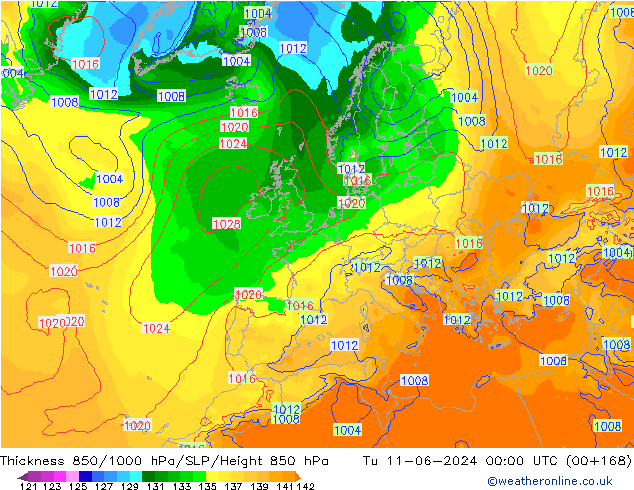 Schichtdicke 850-1000 hPa ECMWF Di 11.06.2024 00 UTC