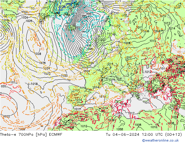 Theta-e 700hPa ECMWF Út 04.06.2024 12 UTC