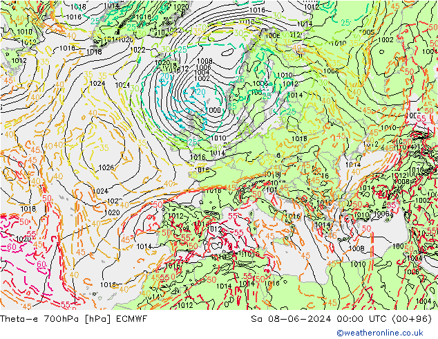 Theta-e 700hPa ECMWF sáb 08.06.2024 00 UTC