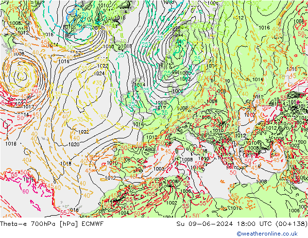 Theta-e 700hPa ECMWF zo 09.06.2024 18 UTC