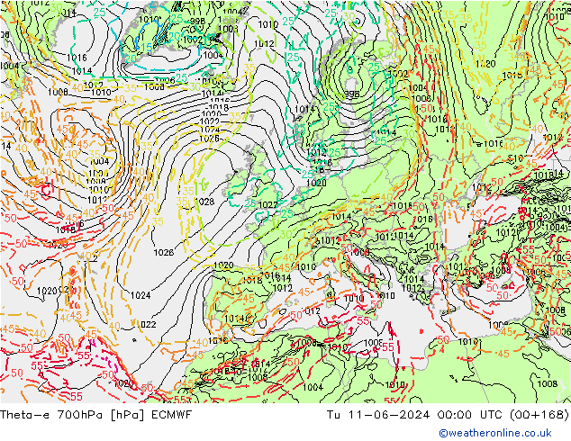 Theta-e 700hPa ECMWF Tu 11.06.2024 00 UTC