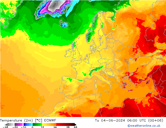 Temperaturkarte (2m) ECMWF Di 04.06.2024 06 UTC