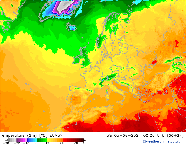 Temperatura (2m) ECMWF mer 05.06.2024 00 UTC