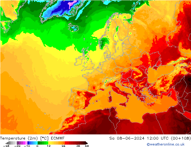 Temperature (2m) ECMWF Sa 08.06.2024 12 UTC