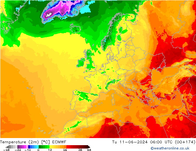 mapa temperatury (2m) ECMWF wto. 11.06.2024 06 UTC