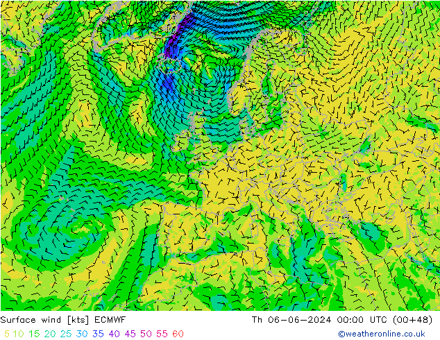 Surface wind ECMWF Th 06.06.2024 00 UTC