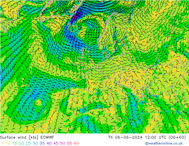 Prec 6h/Wind 10m/950 ECMWF czw. 06.06.2024 12 UTC