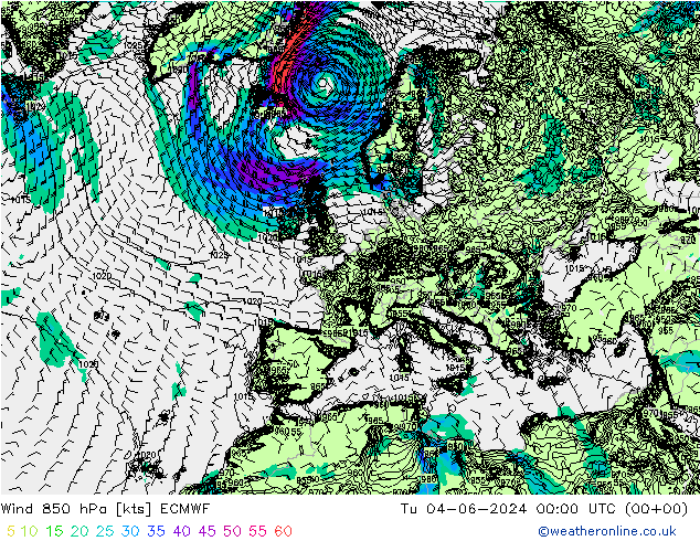 ветер 850 гПа ECMWF вт 04.06.2024 00 UTC