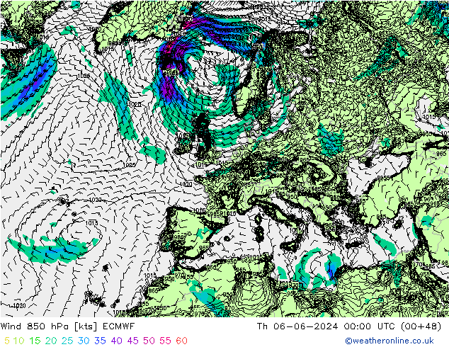 wiatr 850 hPa ECMWF czw. 06.06.2024 00 UTC