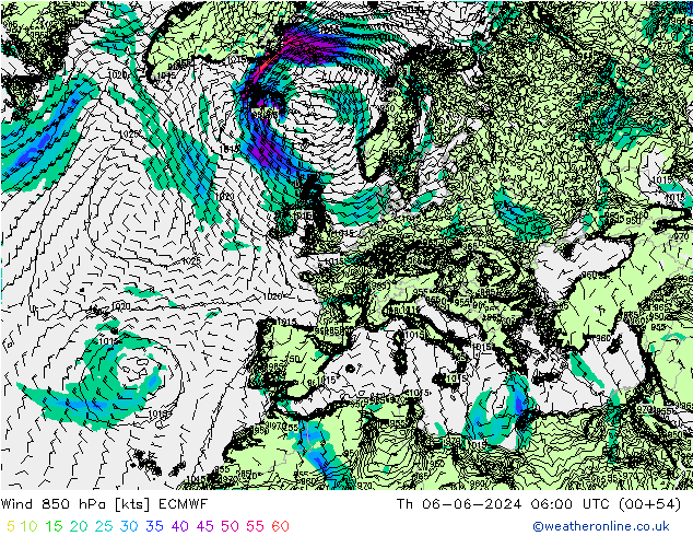 ветер 850 гПа ECMWF чт 06.06.2024 06 UTC