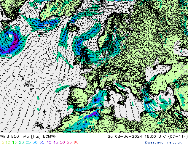 Wind 850 hPa ECMWF Sa 08.06.2024 18 UTC
