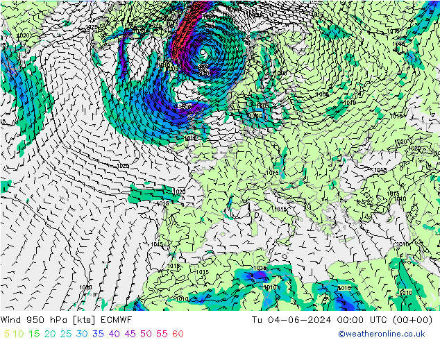 Wind 950 hPa ECMWF Tu 04.06.2024 00 UTC