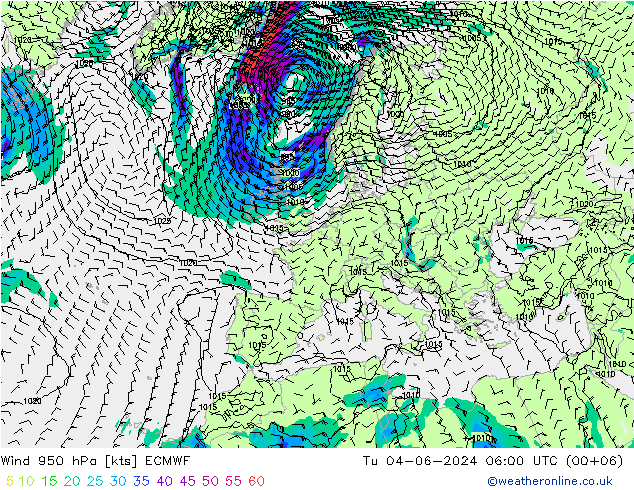 wiatr 950 hPa ECMWF wto. 04.06.2024 06 UTC