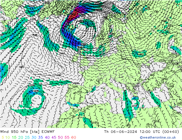 Prec 6h/Wind 10m/950 ECMWF czw. 06.06.2024 12 UTC