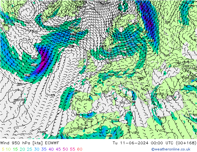 Wind 950 hPa ECMWF Út 11.06.2024 00 UTC