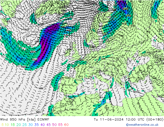 Wind 950 hPa ECMWF di 11.06.2024 12 UTC