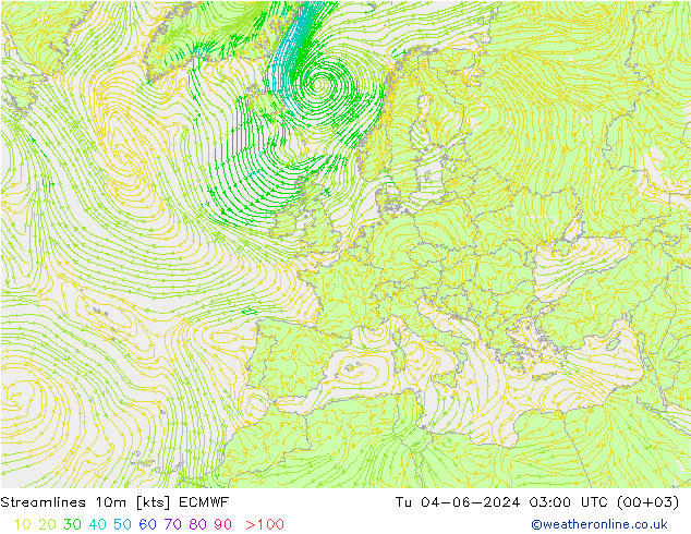 Streamlines 10m ECMWF Tu 04.06.2024 03 UTC