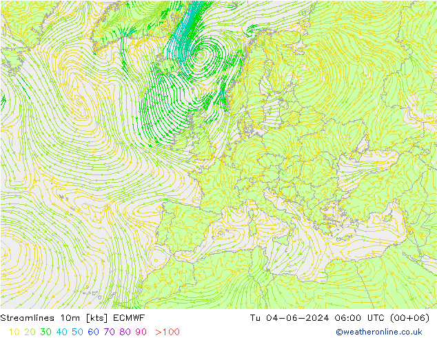 Streamlines 10m ECMWF Út 04.06.2024 06 UTC