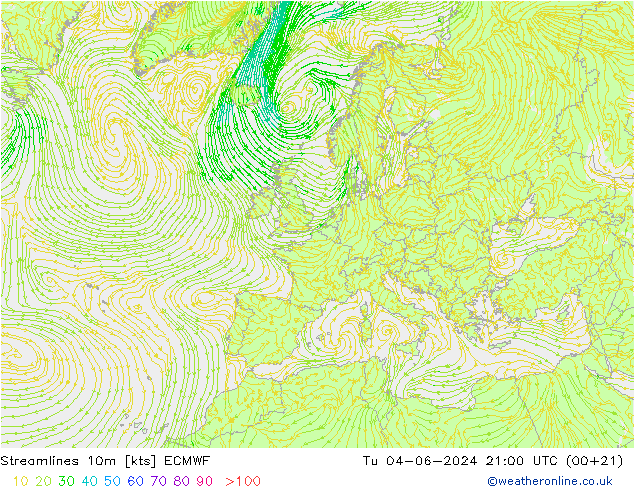 Linha de corrente 10m ECMWF Ter 04.06.2024 21 UTC