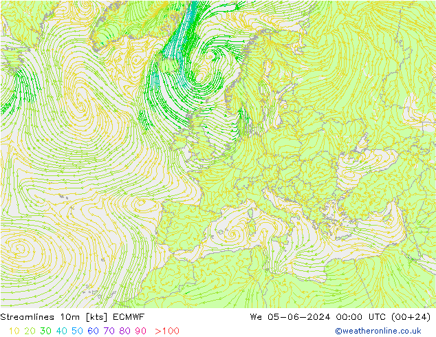 Stroomlijn 10m ECMWF wo 05.06.2024 00 UTC