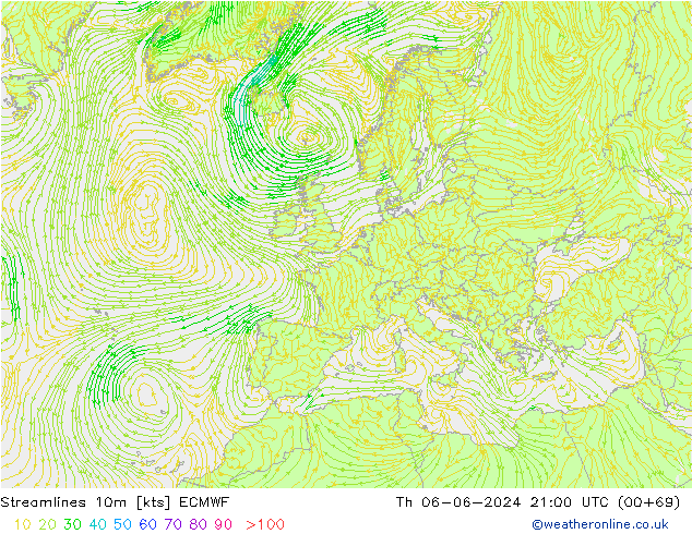 Linia prądu 10m ECMWF czw. 06.06.2024 21 UTC