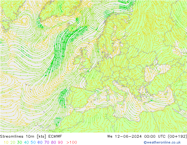 Linia prądu 10m ECMWF śro. 12.06.2024 00 UTC