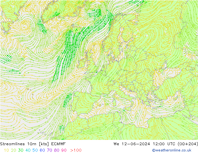 Stromlinien 10m ECMWF Mi 12.06.2024 12 UTC