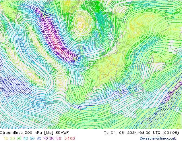 Streamlines 200 hPa ECMWF Tu 04.06.2024 06 UTC