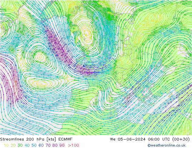 Streamlines 200 hPa ECMWF We 05.06.2024 06 UTC