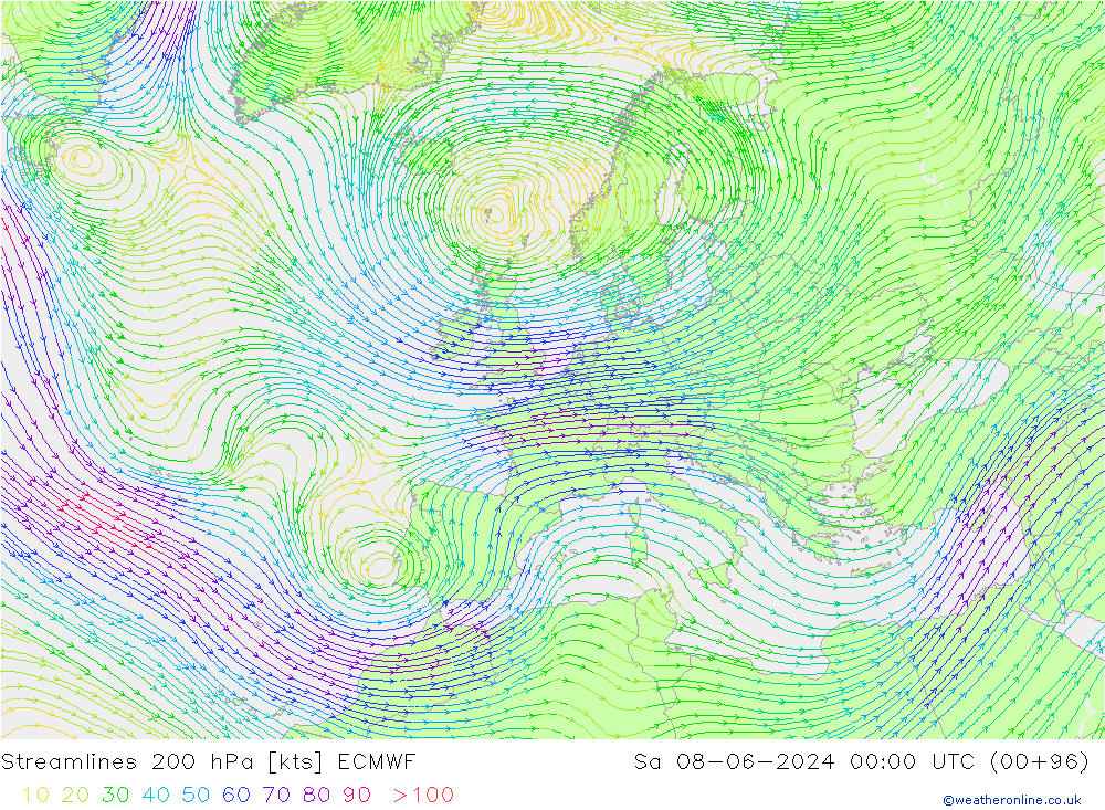 Linha de corrente 200 hPa ECMWF Sáb 08.06.2024 00 UTC