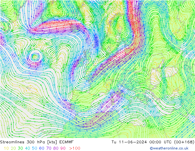 ветер 300 гПа ECMWF вт 11.06.2024 00 UTC