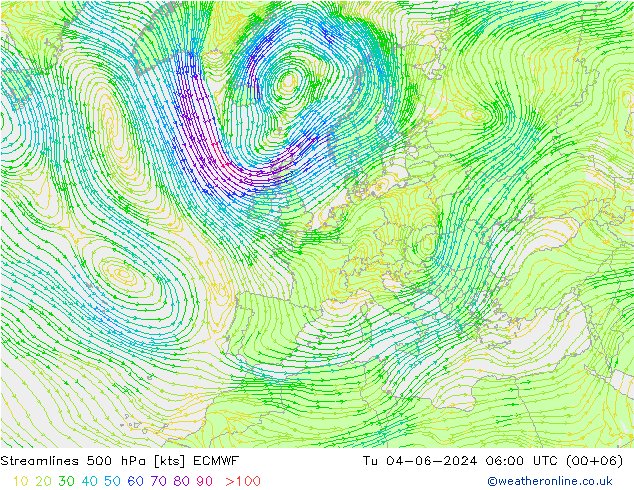 Ligne de courant 500 hPa ECMWF mar 04.06.2024 06 UTC