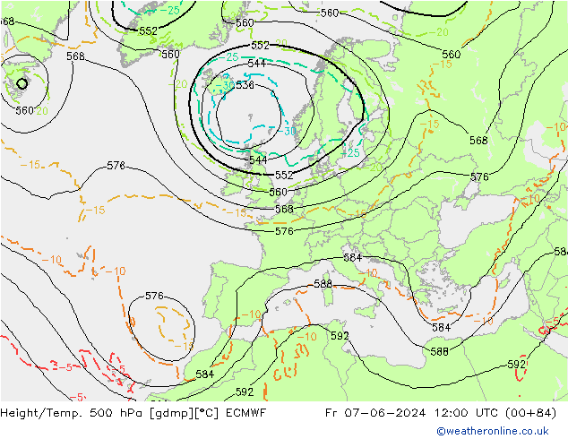 Z500/Rain (+SLP)/Z850 ECMWF Fr 07.06.2024 12 UTC