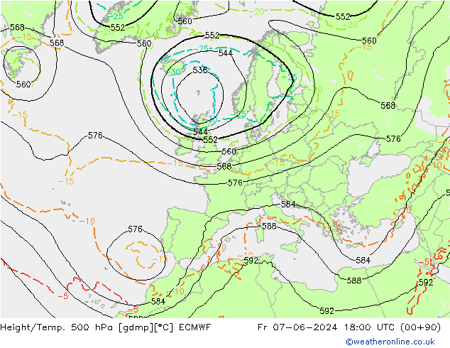 Hoogte/Temp. 500 hPa ECMWF vr 07.06.2024 18 UTC