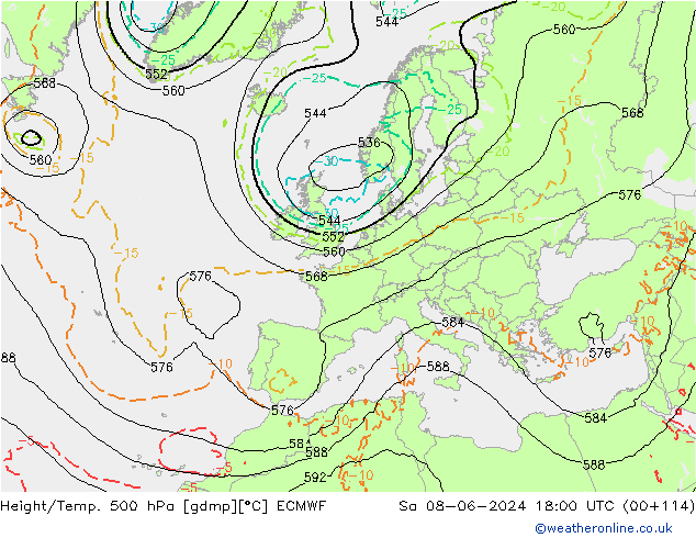 Height/Temp. 500 hPa ECMWF Sáb 08.06.2024 18 UTC